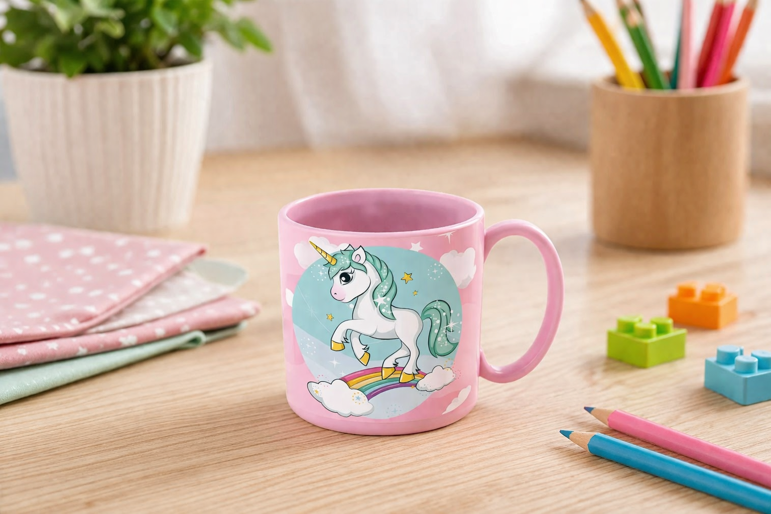 Růžový hrníček s jednorožcem a hračkami